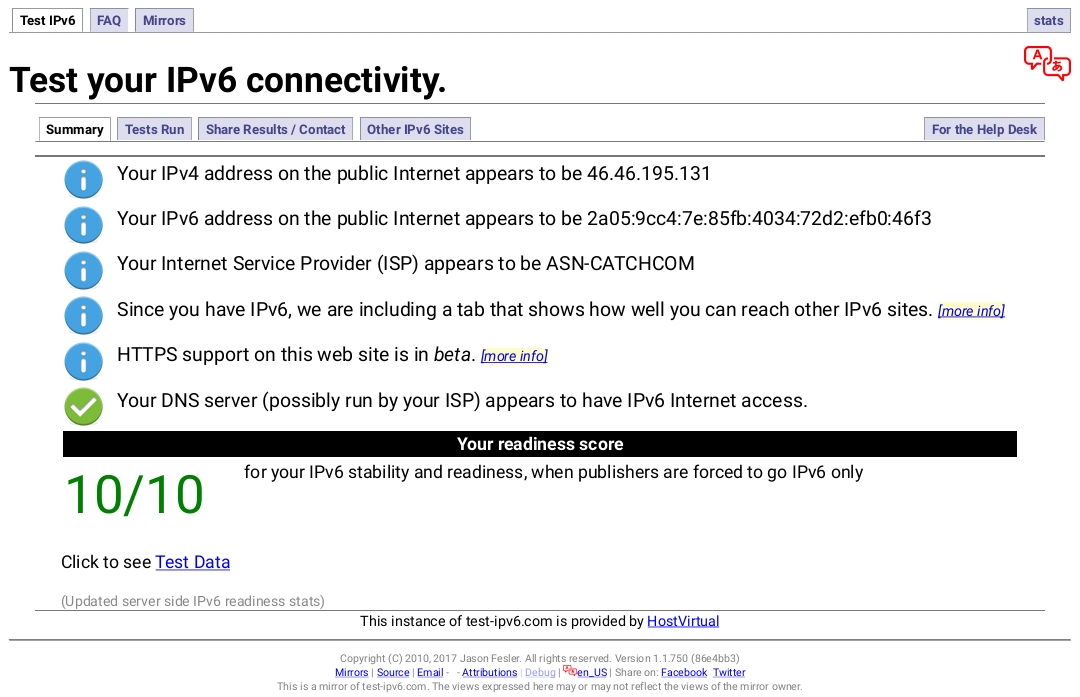 Figure 1: test-ipv6.com screenshot